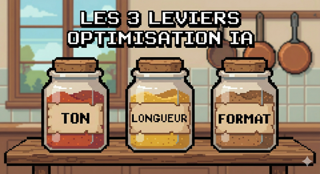 Les 3 leviers optimisation IA

- Le ton
- La longueur
- Le format